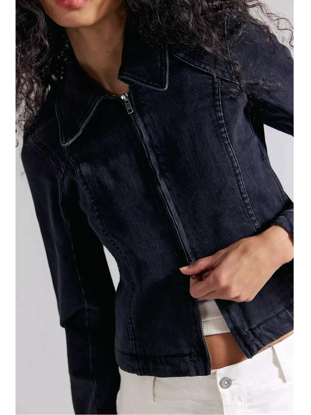 Free People Retro Y2K 90s Double Zip River Denim Jean Jacket in Black NWT XL - Picture 5 of 12